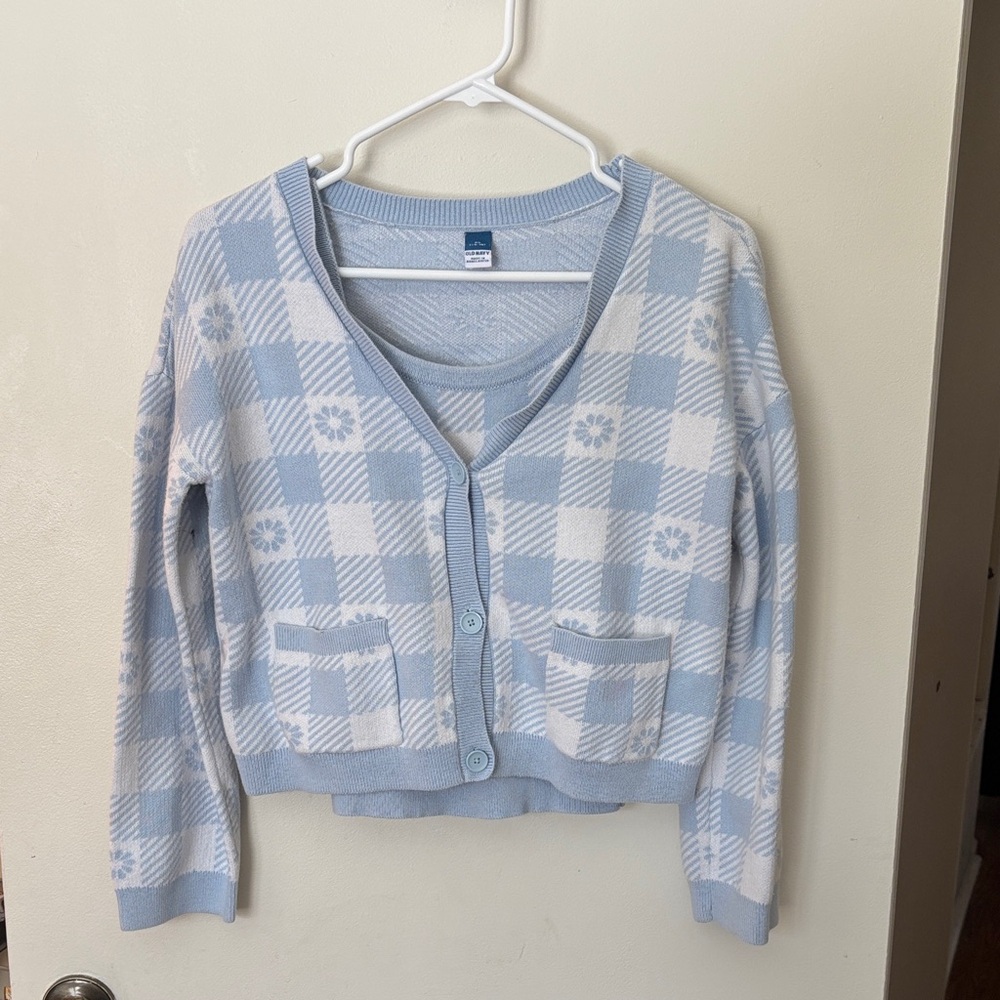Old Navy Light Blue and White Checkered Cardigan Set